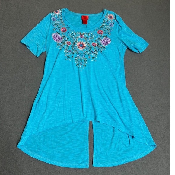 Cristina Tops - Cristina Tunic Women Medium Blue Floral Embroidered High-Low Slit Back Top